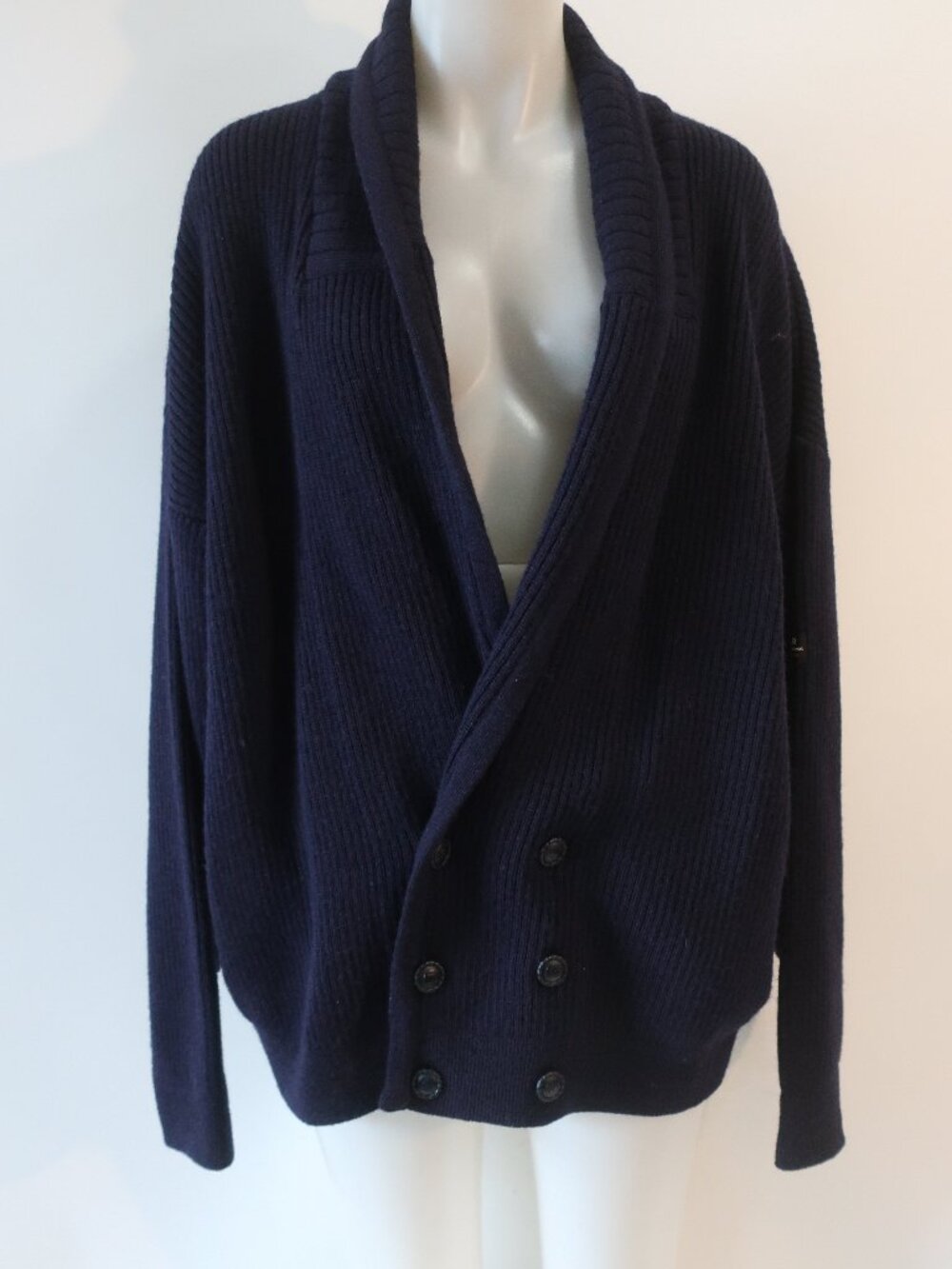 Mens Clipper Navy Blue (Item-606) Pure New Wool Ribbed Shawl Collar Cardigan XL
